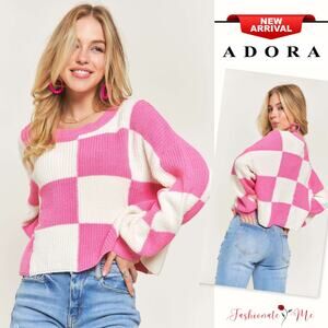 ADORA Plus Size Comfy Checkered Color Block Oversized Pullover Sweater | Pink